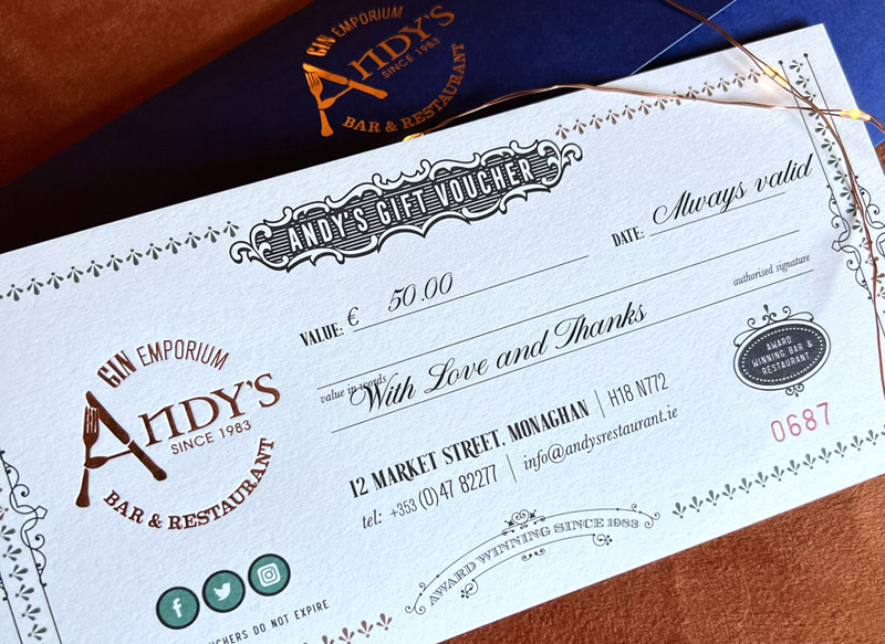 Andy's Restaurant postal gift voucher